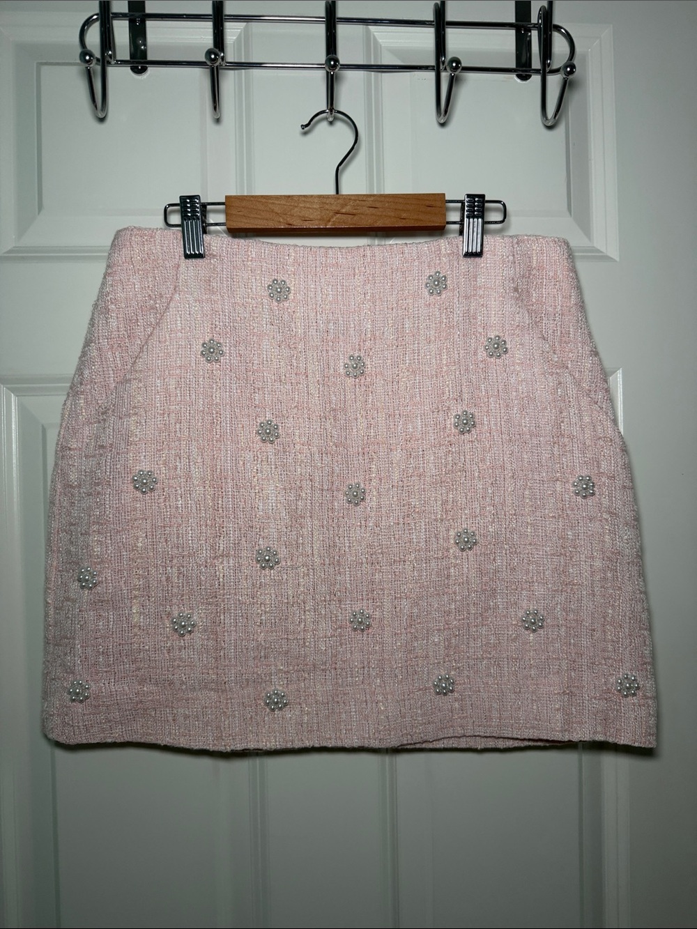 Francesca's Collections Pink Tweed Mini Skirt with Pearl Floral Embellishments